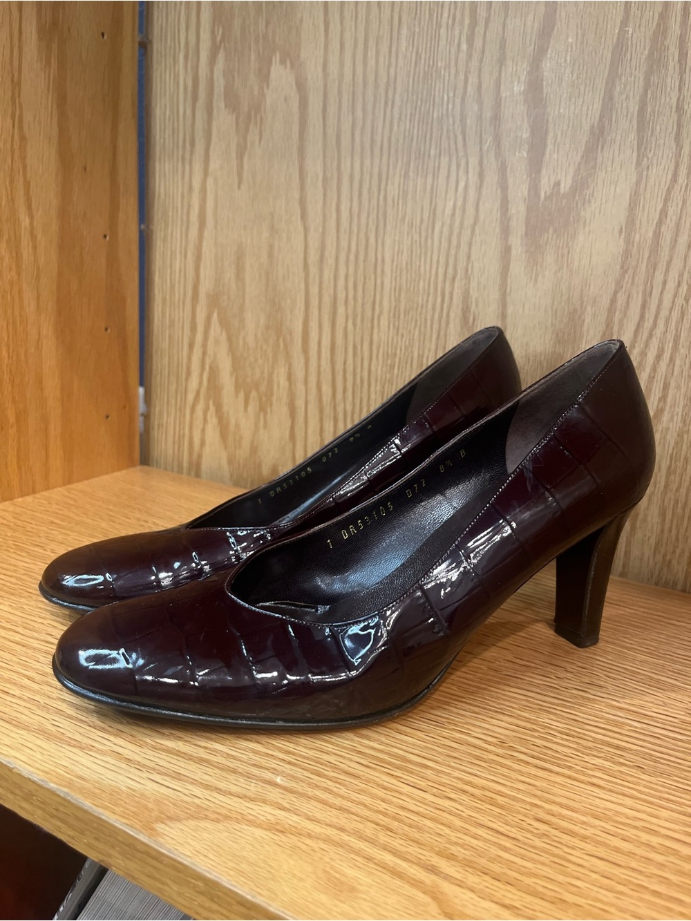 Vintage Salvatore Ferragamo Croc-Embossed Patent Pumps in Dark Brown